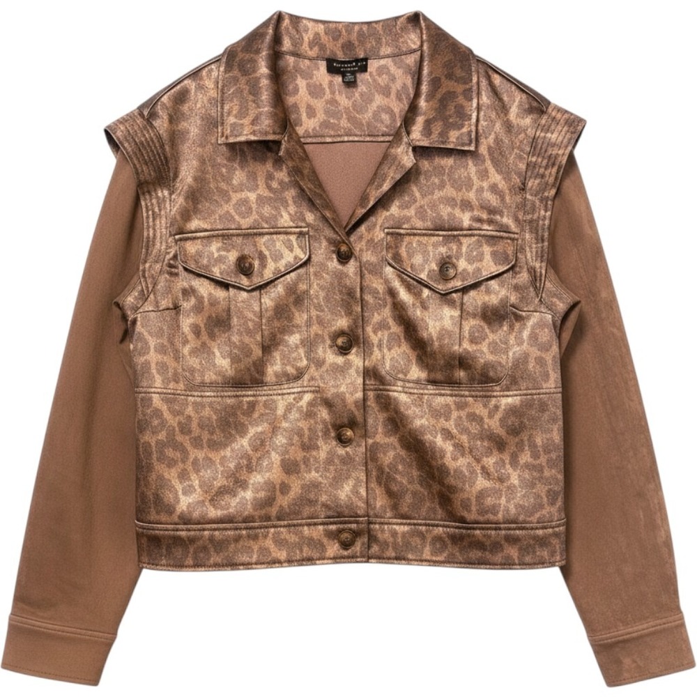 Current Air Leopard Print Metallic Faux Suede Mixed Media Jacket Brown M